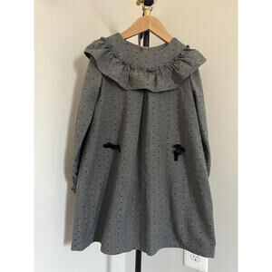 Tartine et Chocolat Paris Dress w Grey Polka Dot, Ruffle Collar, Velvet Bows, 6A